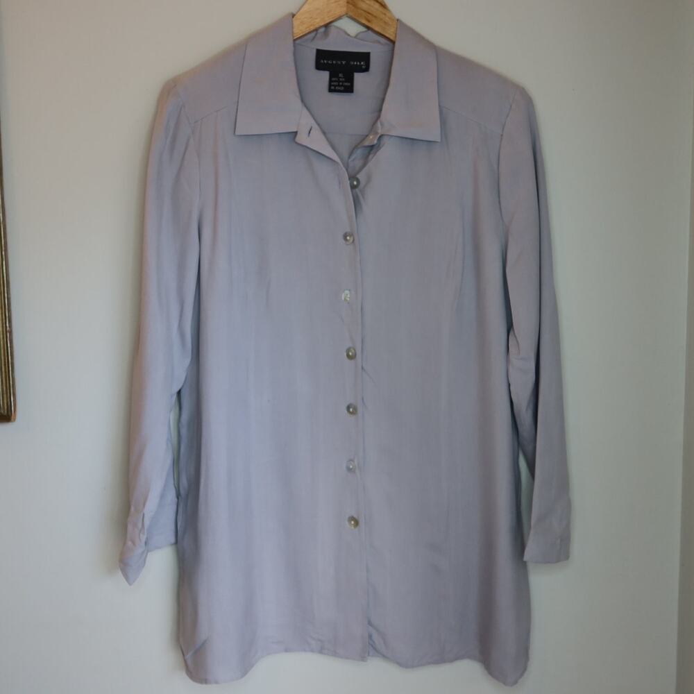 August Silk Blouse Womens XL Gray 100% Button Up Long Sleeve Tunic Top 90s